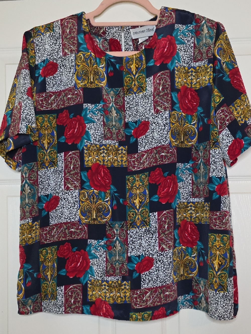 Vintage Top Heritage Road Navy Red Patchwork Floral Blouse Size Large Regal